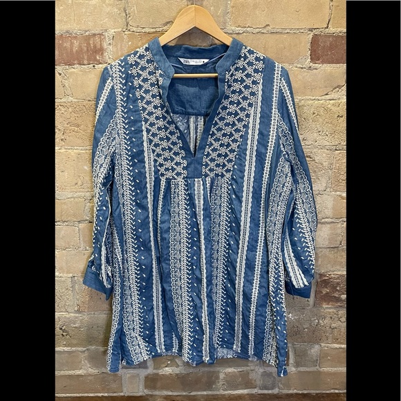 ZARA short demin embroidered tunic dress Sz L - Picture 1 of 3